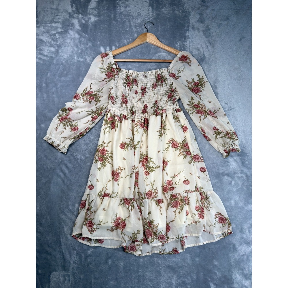 Papermoon Summer Dress Women's Medium Beige Floral Print Tiered Smocked Bodice